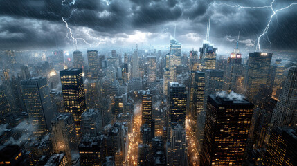 Fototapeta premium dramatic cityscape under stormy sky with lightning and rain