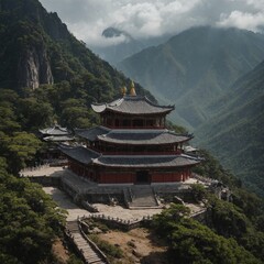 A temple built on a high mountain peak.