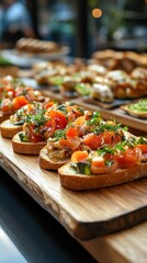 Salmon tomato and dill bruschetta on a wooden board in a restaurant setting with a blurred background