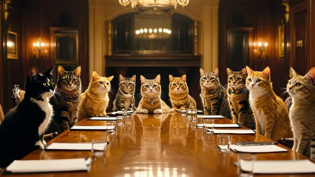 Cats sit around a conference table, creating a humorous business meeting.