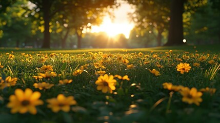 Obraz premium Sunset park meadow wildflowers golden hour landscape