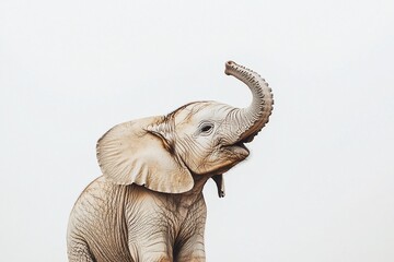 Obraz premium Playful baby elephant raising its trunk in a serene, light-colored environment, evoking joy
