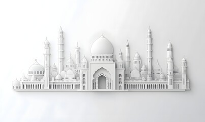 Obraz premium White Mosque Cityscape, Paper Cut, Islamic, Background, Greeting Card