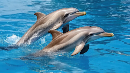 Obraz premium Dolphin mother and calf swimming together in clear blue water, joyful moment