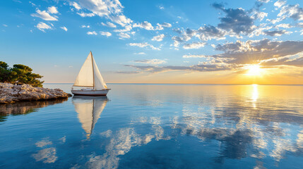 Obraz premium serene sailboat gliding on calm waters at sunset, reflecting clouds and light