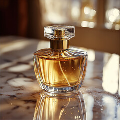 Perfume bottle, brand, glass, gold, sitting on marble, waves, ripples, splashes.