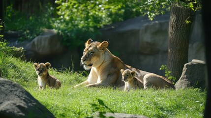 Lioness with two cubs in a grassy field with rocks and trees background