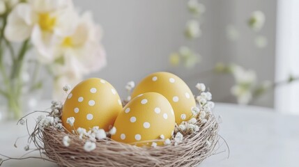 Obraz premium Yellow Easter eggs in a nest with white dots