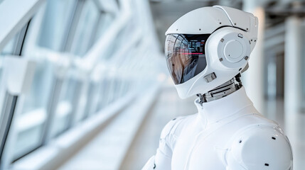 futuristic robotic mannequin with sleek design and visor stands in modern space