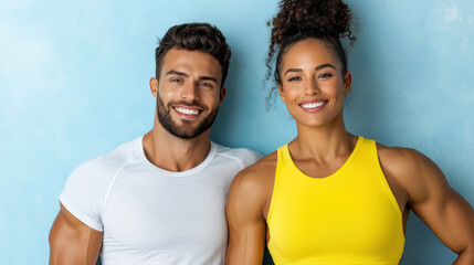 Fototapeta premium Fit couple posing together, smiling after workout, showcasing strength and happiness