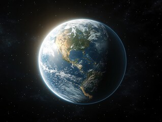 Fototapeta premium Earth view from space with sunlit side and dark side against a starry black background