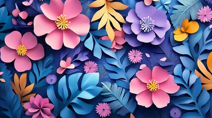 3D paper cut style colorful purple background with flowers
