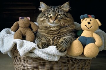 Maine Coon Cat with Stuffed Animals in Wicker Basket, Composition Close-up, Image Dark Background, Concept Cozy, Playful, Cat, Toys