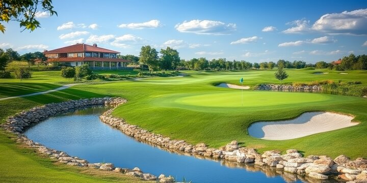 Luxury Golf Course Landscape Wide Shot Composition, Green Fairway, Clubhouse, Pond, Golfing Estate Golf Course, Landscape Photography
