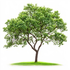 Obraz premium Lush green tree with dense foliage stands tall against a clean white background on grass