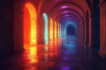 Obraz premium Neon Arches in a Futuristic Tunnel: A Journey Through Illuminated Geometry and Symmetrical Design.