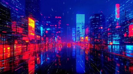 Fototapeta premium Futuristic neon cityscape shown at night. Cyberpunk city skyline with vibrant architecture. Urban scene, digital night view, glowing lights illuminate the futuristic metropolis. Vibrant architecture