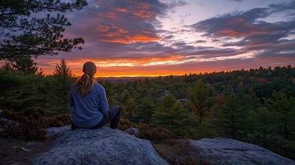 Obraz premium Woman sits on rock, watching vibrant sunset over autumnal forest.