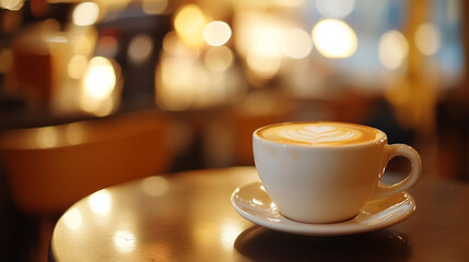 Obraz premium Warm Latte Coffee Cup in Cozy Cafe Setting Relaxing Atmosphere Golden Hour hot art bar milk foam 