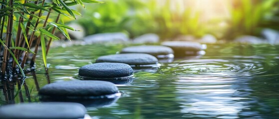 Fototapeta premium Tranquil Garden Pathway with Smooth Stones over Calm Water Surface