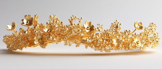 Elegant golden floral crown with detailed texture and soft light on a plain background