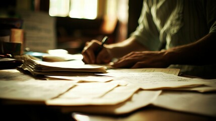 Focused Hands Writing On Notepad Surrounded By Papers And Notes