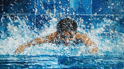 Boy Swimming Energetically in a Sparkling Blue Pool Water Scene