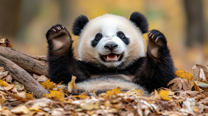 Obraz premium giant panda playfully lying in autumn leaves, showcasing its joyful expression