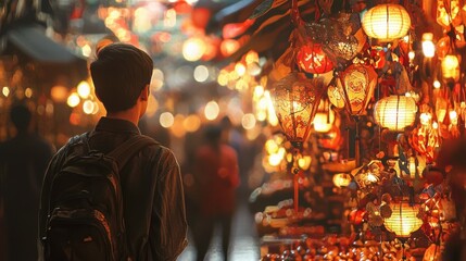 Naklejka premium Young Person Gazing at Colorful Lanterns in Vibrant Night Market Scene