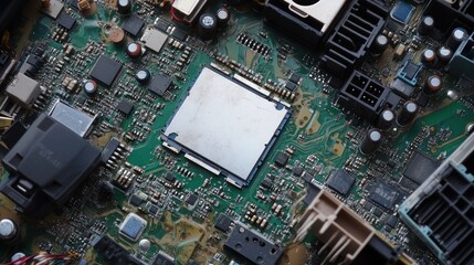 Close-up of a complex circuit board with integrated components, connectors, and various elements