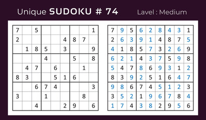 Vector sudoku puzzle with answer. Sudoku, number puzzle game with numbers for kids and adults.