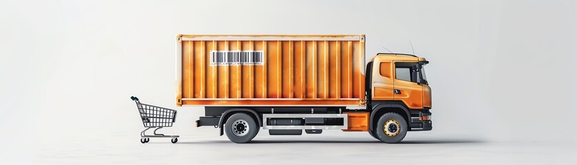 Bright orange delivery truck juxtaposed with empty shopping cart on plain white background, symbolizing logistics and ecommerce.