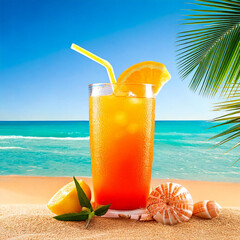 Obraz premium Summer Vacation Concept Featuring an Iced Orange Cocktail on a Seaside Beach with Shells and Palm Trees