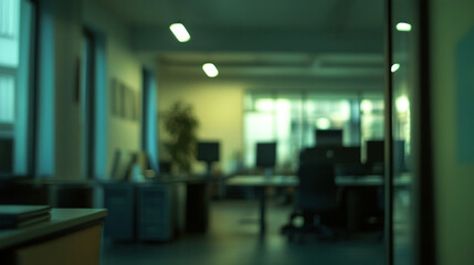 Blurred Office Interior Modern Workplace Desks Computers Green room dark vibe view space light style