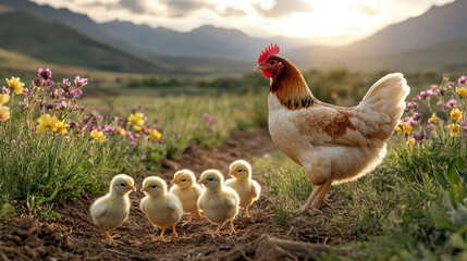 Fototapeta premium hen and her chicks exploring vibrant garden filled with flowers