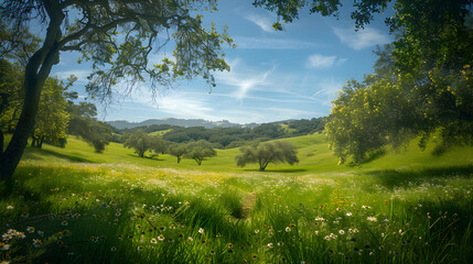 Obraz premium Serene Landscape with Rolling Hills, Vibrant Wildflowers, and Clear Blue Sky Illuminated by Natural Light