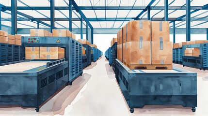 Warehouse interior with packages on conveyor belts, showcasing an industrial logistics environment with efficient storage and transport system.