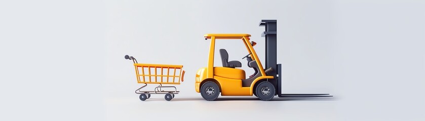 Yellow forklift with a shopping cart on white background. Concept of logistics, transportation, and shopping. Creative composition.