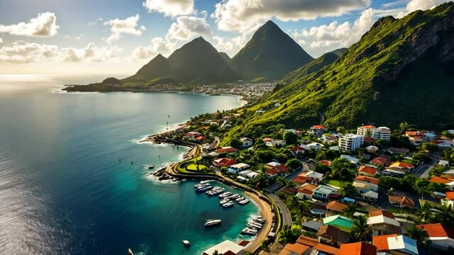 Scenic Aerial View of Downtown Soufriere, Saint Lucia with Petit Piton Mountain in Background