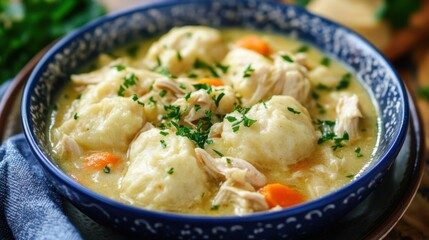 Comforting homestyle chicken and dumplings with vegetables for winter warmth