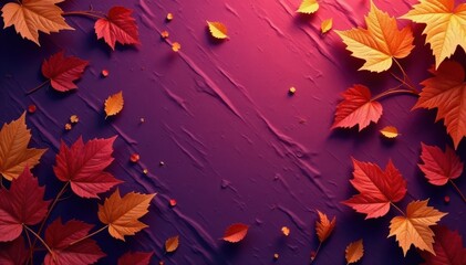 Dry orange metallic leaves, violet background Geometric autumnal design , trendy, botanical