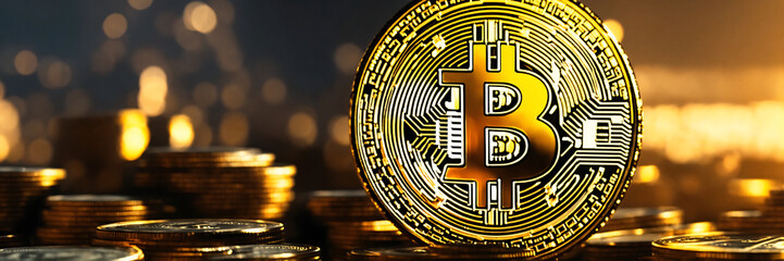 bitcoin is glowing and rising in front of a low exposure, Created using Generative Ai