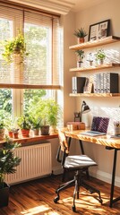 Fototapeta premium Sunny Home Office Workspace Plants Wooden Desk Laptop Window
