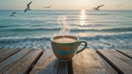 Steaming coffee cup on wooden pier overlooking the ocean