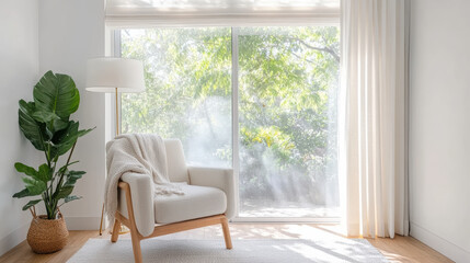 Cozy minimalist reading nook with armchair and natural light