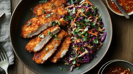 Crispy chicken cutlets with crunchy cabbage slaw and spicy dipping sauce
