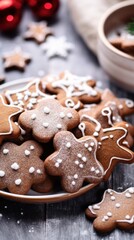 Fototapeta premium Festive christmas gingerbread cookies with icing on a plate