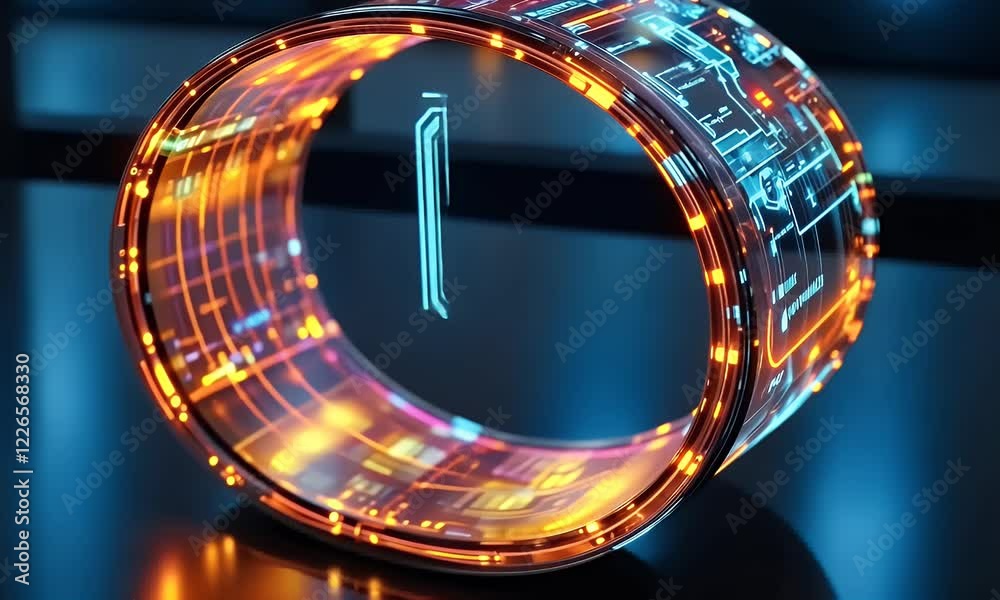 Poster futuristic data ring interface, dark tech background