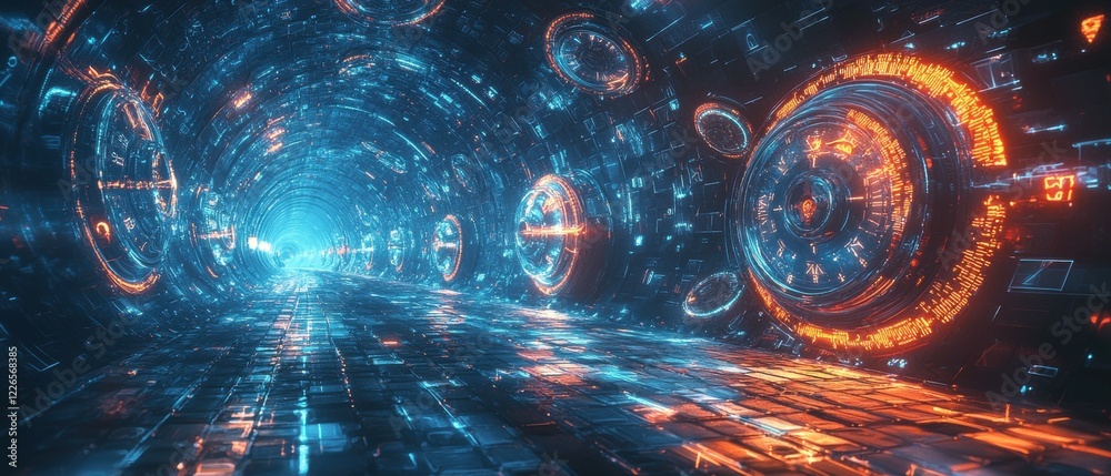 Poster Futuristic Dynamic Data Tunnel with Glowing Lights and Circular Patterns