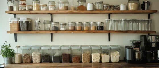 Naklejka premium Organized kitchen shelves with jars and containers for storage solutions